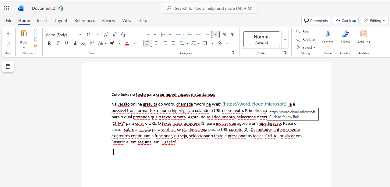 Screenshot of Word Online editor showing a Portuguese guide to creating instant hyperlinks in a document, with a sample URL tooltip