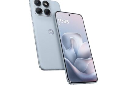 Light blue Motorola smartphone shown from back and front, triple rear cameras in square module and sleek edge design