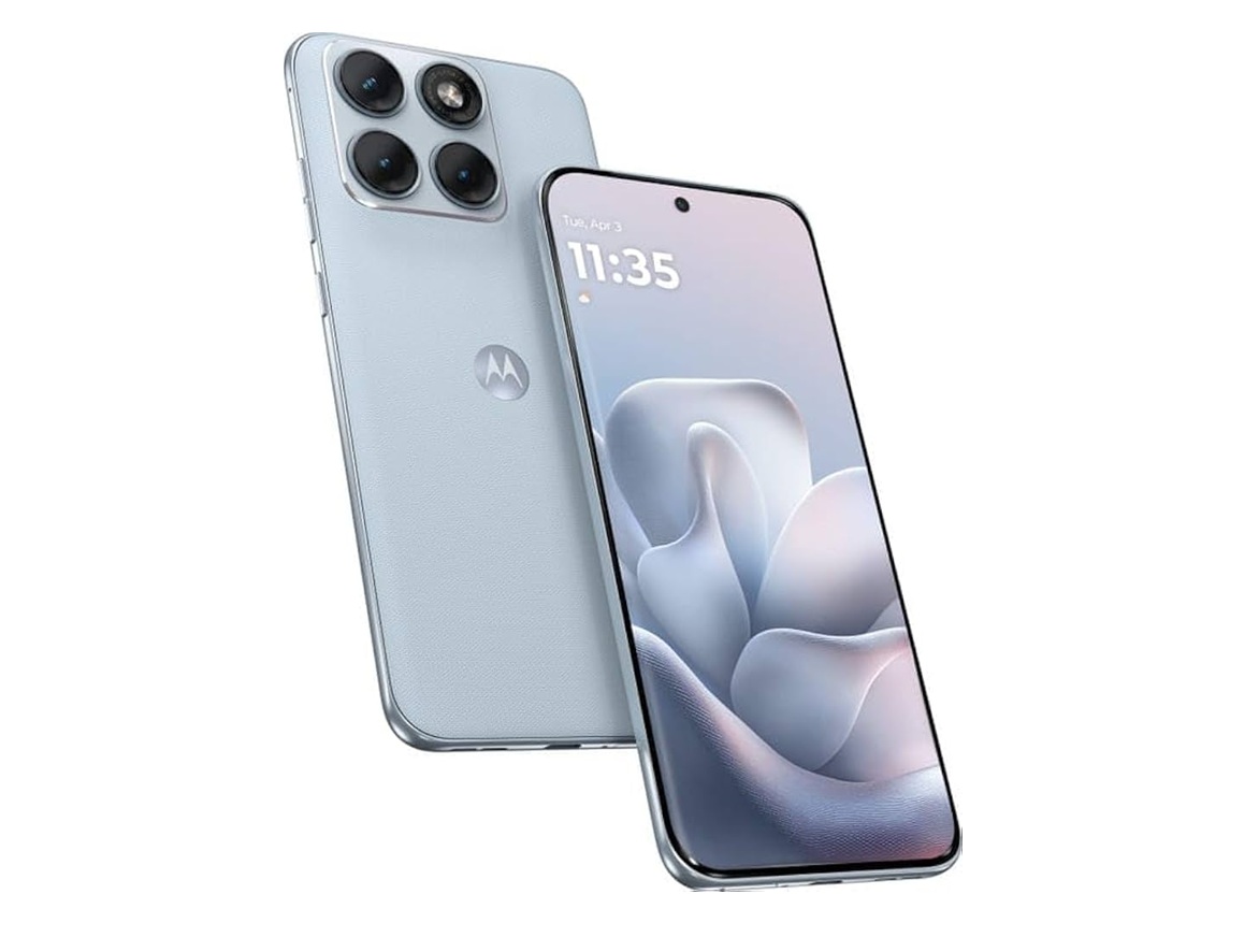 Light blue Motorola smartphone shown from back and front, triple rear cameras in square module and sleek edge design
