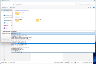 Save As dialog in Portuguese: choosing file name and type for a Markdown file (*.md). The dropdown shows options like Markdown File (*.md) and other document types; folders named Transcripts and Fotos are visible in the left pane.