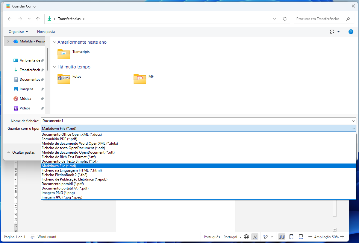 Save As dialog in Portuguese: choosing file name and type for a Markdown file (*.md). The dropdown shows options like Markdown File (*.md) and other document types; folders named Transcripts and Fotos are visible in the left pane.