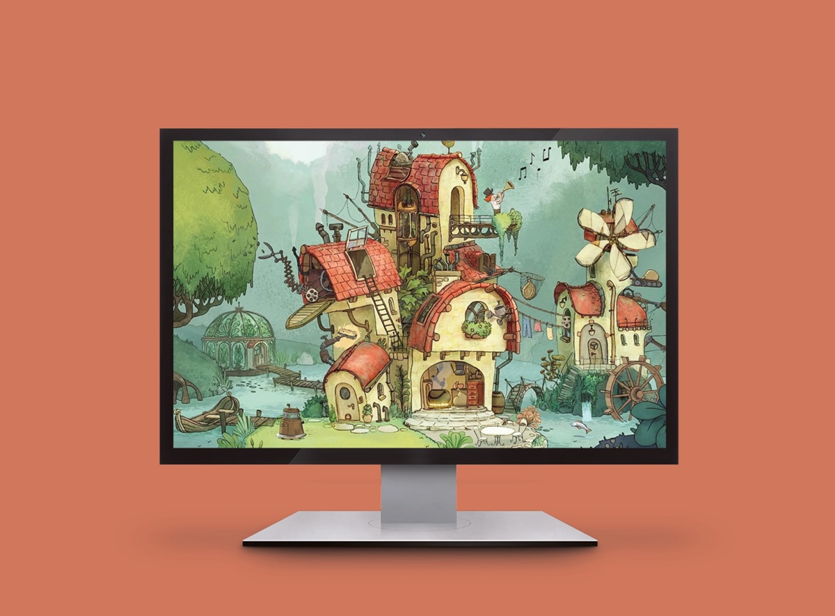 Whimsical fantasy village of red-roofed houses shown on a computer monitor against an orange background