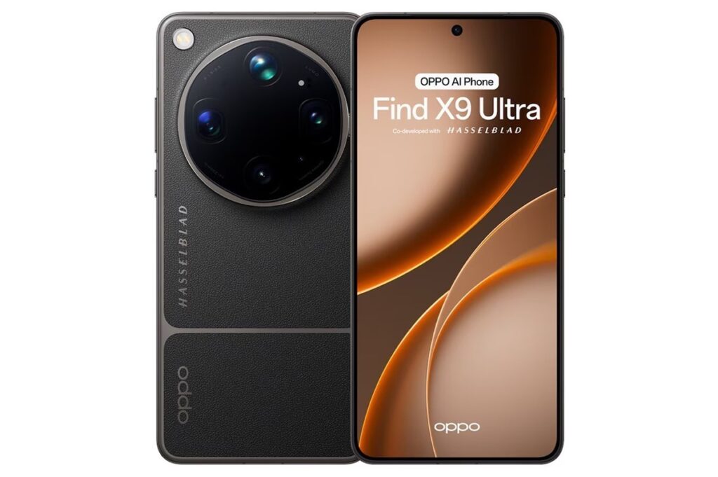 Oppo Find X9 Ultra smartphone shown from back and front: black textured back with a large circular camera module and Hasselblad branding, and a tall edge-to-edge display on the front.