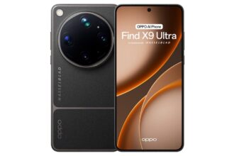 Oppo Find X9 Ultra smartphone shown from back and front: black textured back with a large circular camera module and Hasselblad branding, and a tall edge-to-edge display on the front.