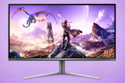 Monitor screen showing a fantasy landscape: a knight stands on a rocky peak as a dragon flies above purple skies and distant mountains.
