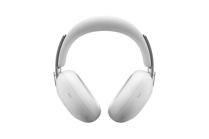 White over-ear headphones with a cushioned headband, isolated on a black background.