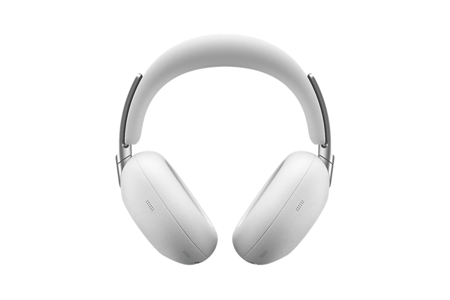 White over-ear headphones with a cushioned headband, isolated on a black background.