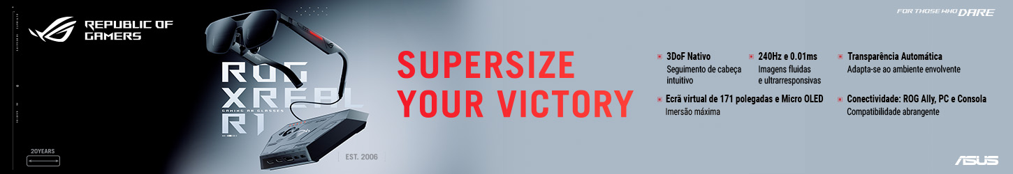 ROG promotional banner with headset and device, large 'SUPERSIZE YOUR VICTORY' text, and Portuguese bullet features (240 Hz, 0.01 ms, virtual 171” screen, Micro OLED, auto transparency, broad connectivity).