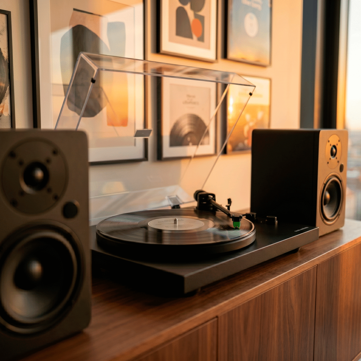 Vinyl record spinning on a turntable mounted on a wooden cabinet, with framed wall art and speakers in the background.