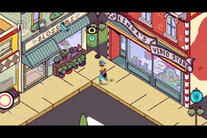 Cartoon street corner with a video store and a flower shop; a person walks along the sunny sidewalk.