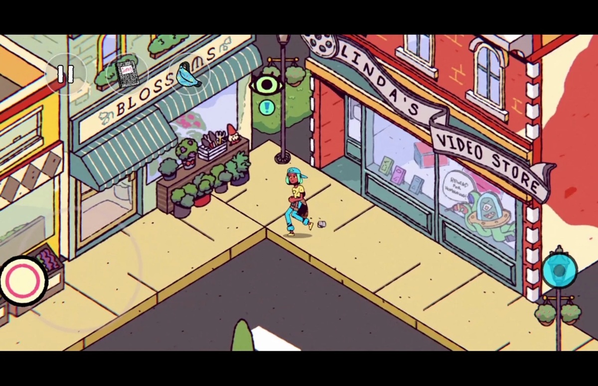 Cartoon street corner with a video store and a flower shop; a person walks along the sunny sidewalk.