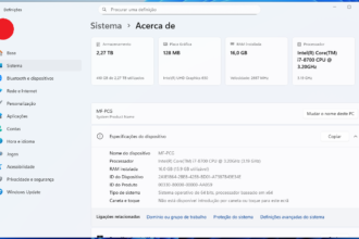 Configurações do Windows: informações do sistema (CPU i7-8700, 16 GB RAM, GPU 128 MB, 2,27 TB de armazenamento)
