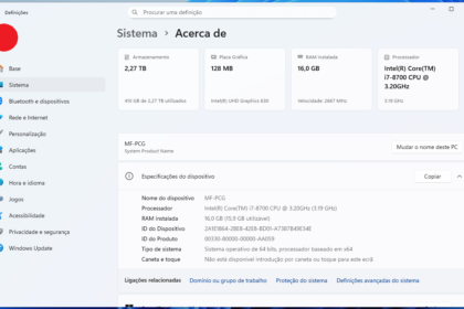 Configurações do Windows: informações do sistema (CPU i7-8700, 16 GB RAM, GPU 128 MB, 2,27 TB de armazenamento)