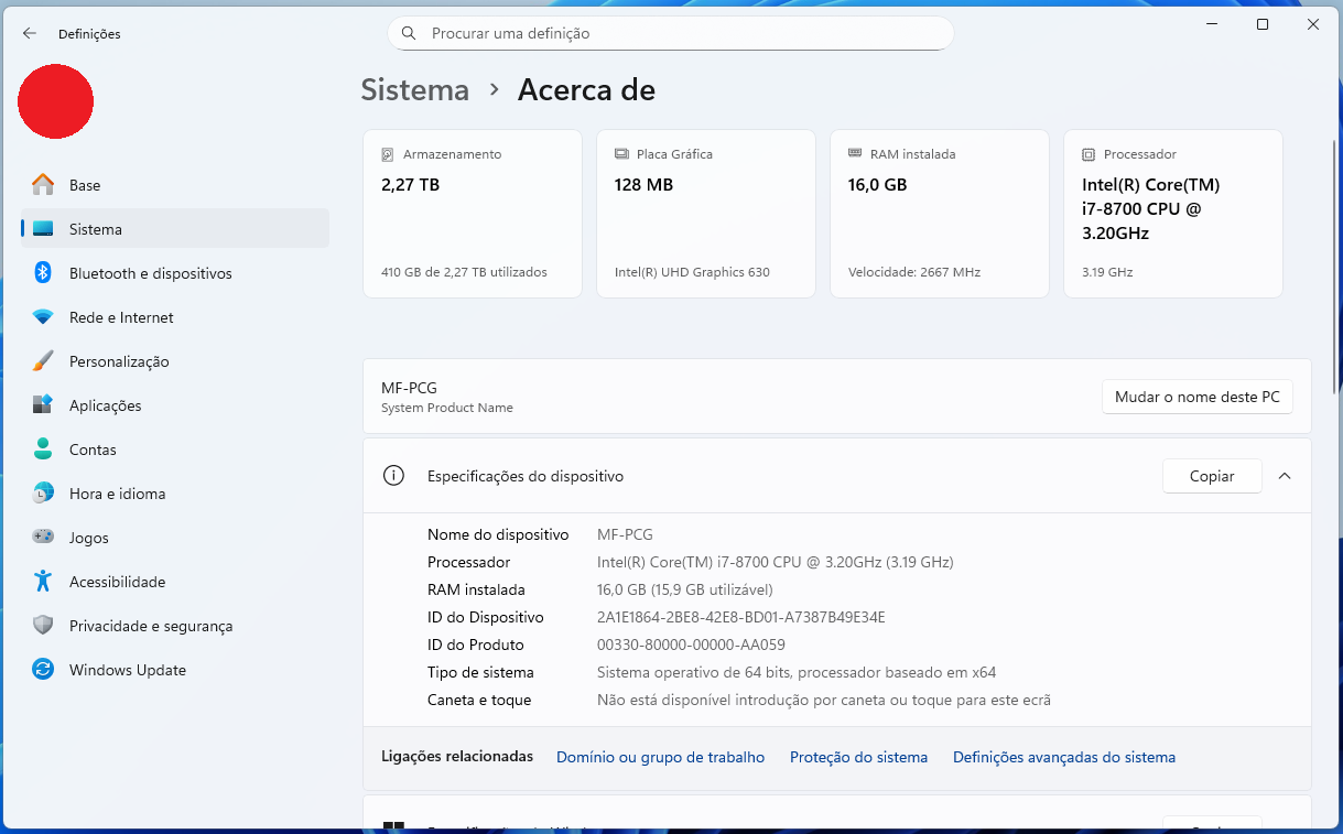 Configurações do Windows: informações do sistema (CPU i7-8700, 16 GB RAM, GPU 128 MB, 2,27 TB de armazenamento)