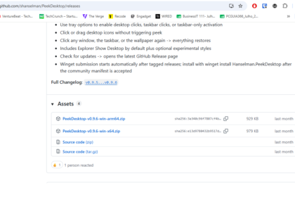 GitHub release assets: Windows zip files and source code archives listed with sizes and last updated.