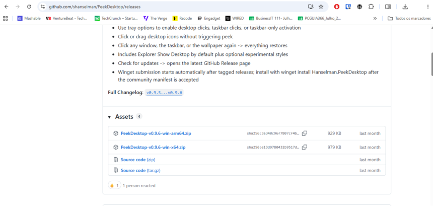 GitHub release assets: Windows zip files and source code archives listed with sizes and last updated.