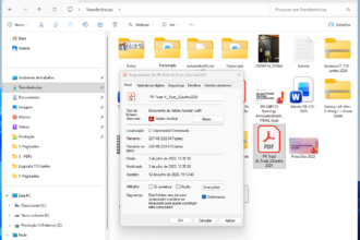 Screenshot of Windows Explorer in the Transferências folder with a PDF file selected and its Properties dialog open (name PR Trust AI_Trust_23Junho2025, type Adobe Acrobat PDF, shows location, size, and dates).