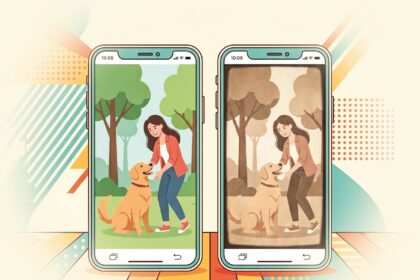 Two smartphones side by side show a woman with a dog in a park; left screen is in color, right screen in sepia.