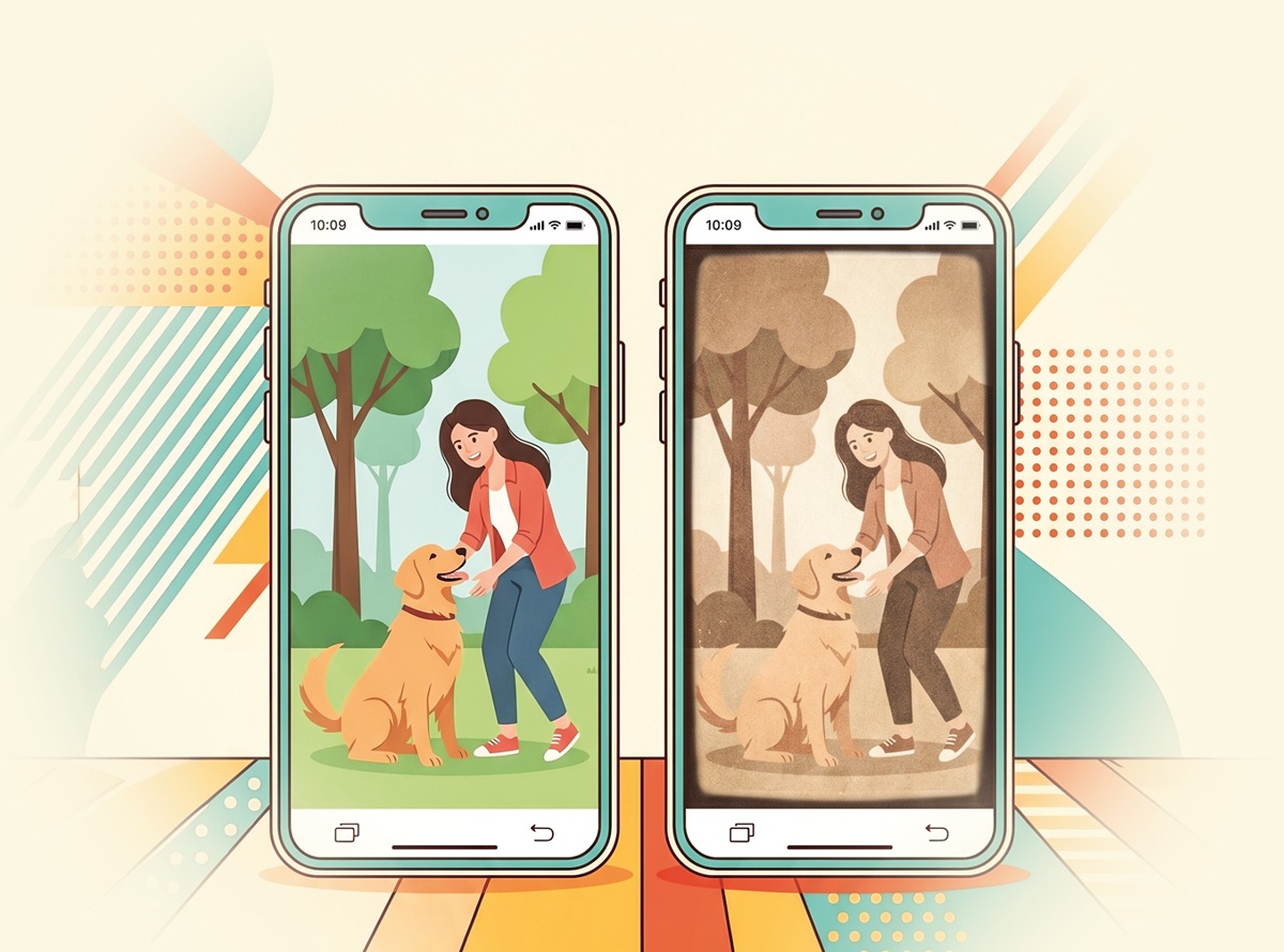 Two smartphones side by side show a woman with a dog in a park; left screen is in color, right screen in sepia.