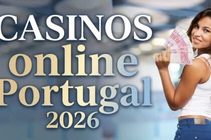 Advertisement for online casinos in Portugal 2026, featuring a smiling woman holding cash cards