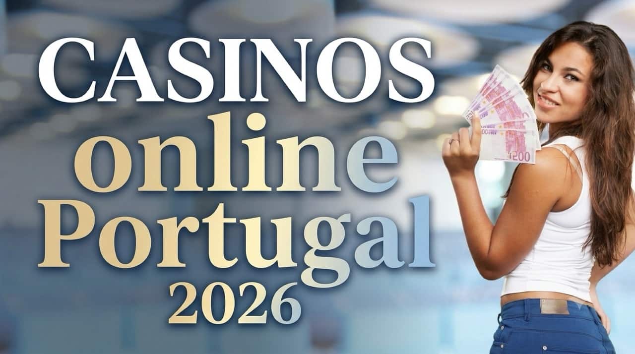 Advertisement for online casinos in Portugal 2026, featuring a smiling woman holding cash cards