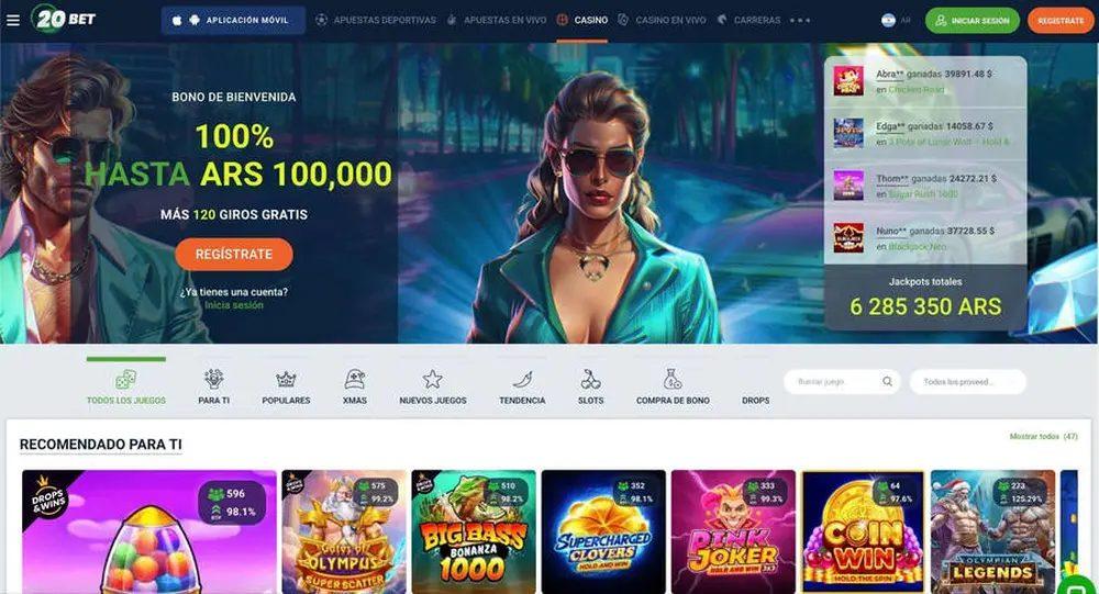 Hero banner for 20BET with neon characters, displaying a welcome bonus up to ARS 100,000 and a Register button.