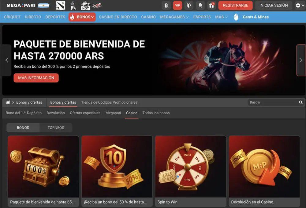 Homepage screenshot of MegaPari online betting site showing a welcome bonus banner, navigation tabs, and casino offer tiles in dark theme.