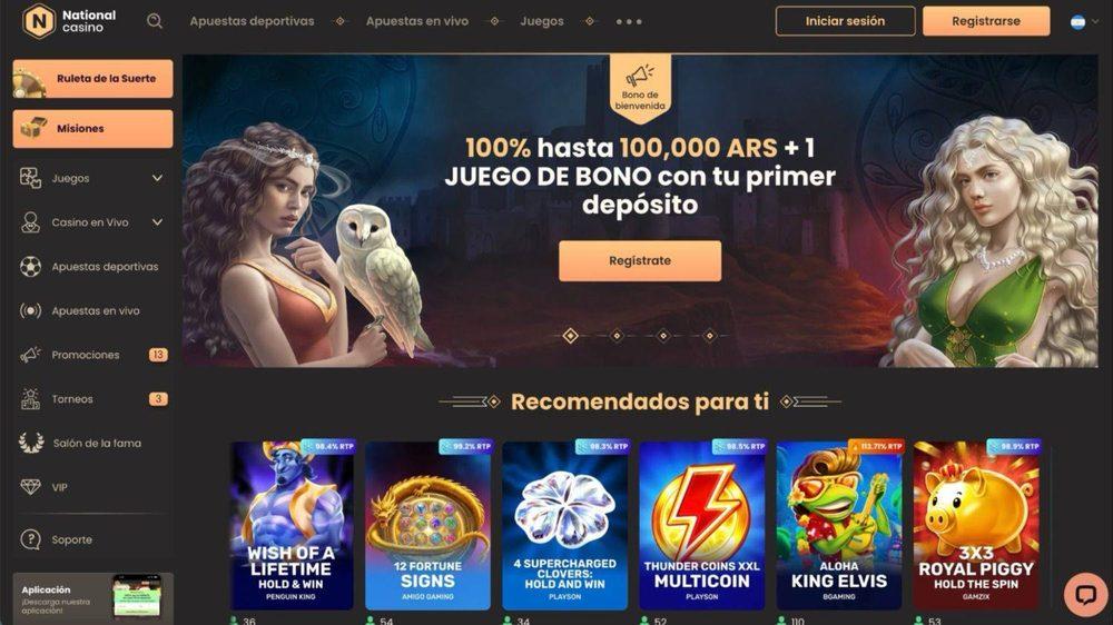 Página de inicio de casino con menú lateral, banner promocional y sección de juegos recomendados para ti