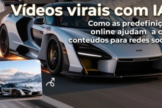 Thumbnail: white sports car on a race track with bold Portuguese title about AI-powered viral videos and social media content