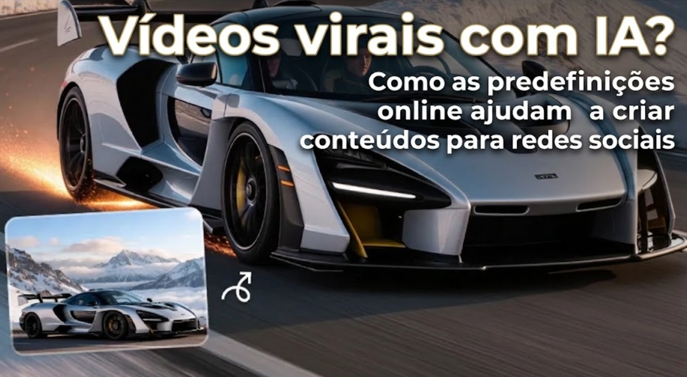 Thumbnail: white sports car on a race track with bold Portuguese title about AI-powered viral videos and social media content