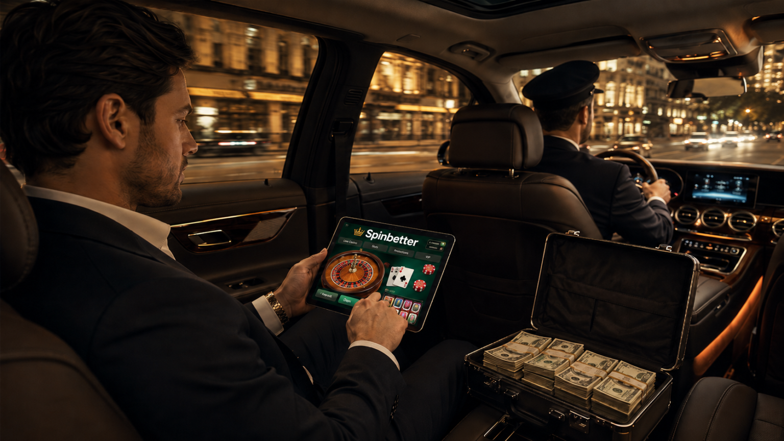 Man in a suit in the back of a luxury car using a tablet casino app, roulette visible on screen.