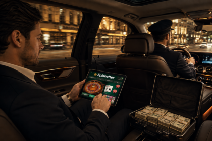 Man in a suit in the back of a luxury car using a tablet casino app, roulette visible on screen.