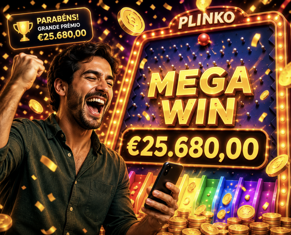 Man celebrating a big win on a neon-lit casino slot machine, shouting with fist raised, holding a phone; text shows MEGA WIN €25,680.00.
