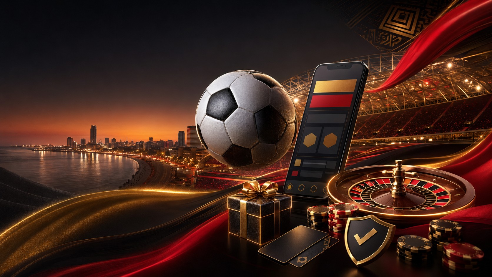 Soccer ball, smartphone with betting app, roulette wheel, and poker chips on a glossy casino-themed surface with a city skyline at sunset.