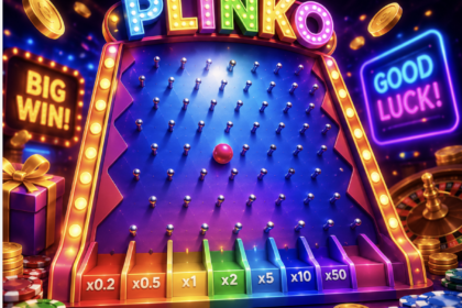 Colorful Plinko game board with a rainbow payout rack and glowing signage reading 'Big Win!' and 'Good Luck!' amid neon lights and casino chips.