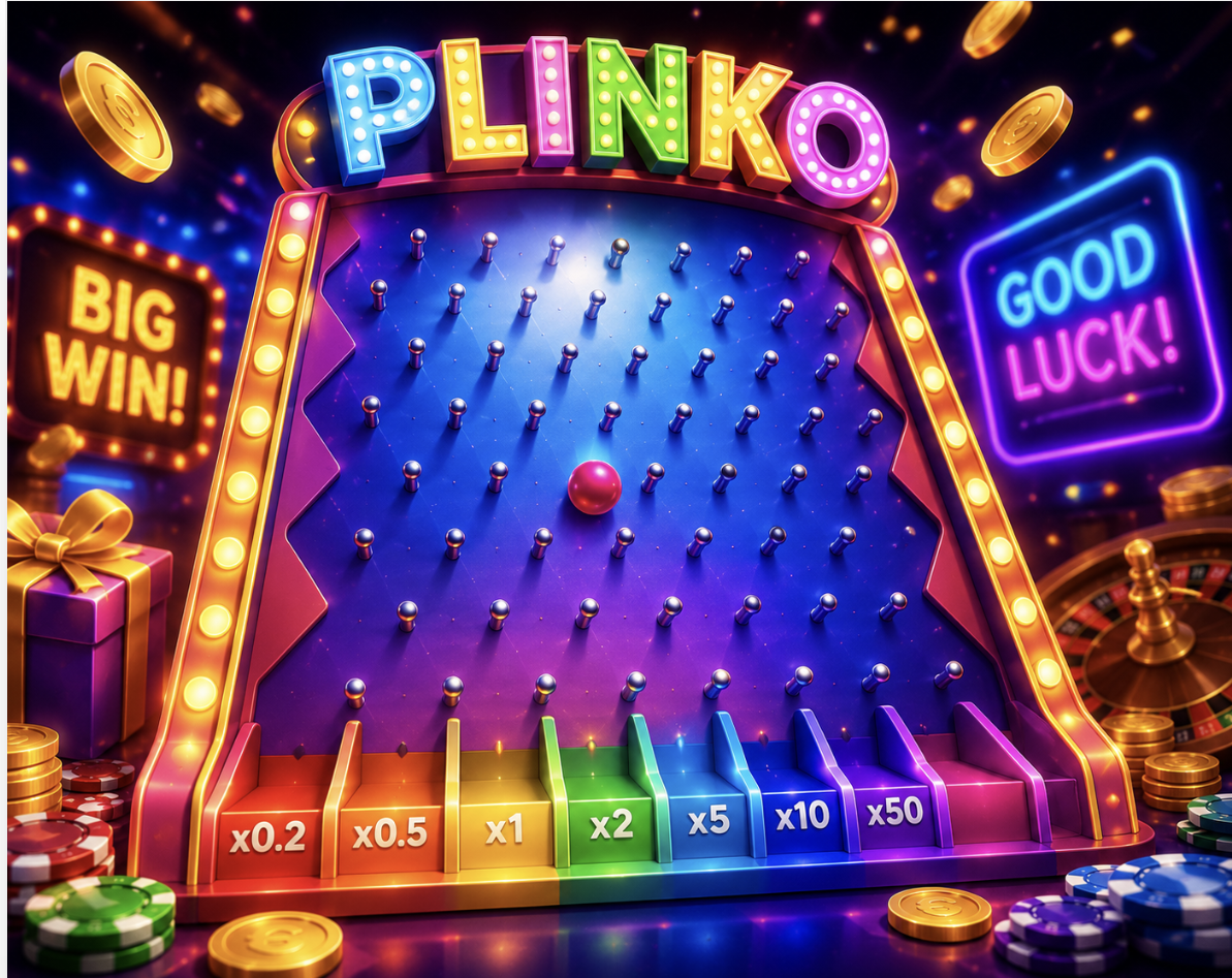 Colorful Plinko game board with a rainbow payout rack and glowing signage reading 'Big Win!' and 'Good Luck!' amid neon lights and casino chips.