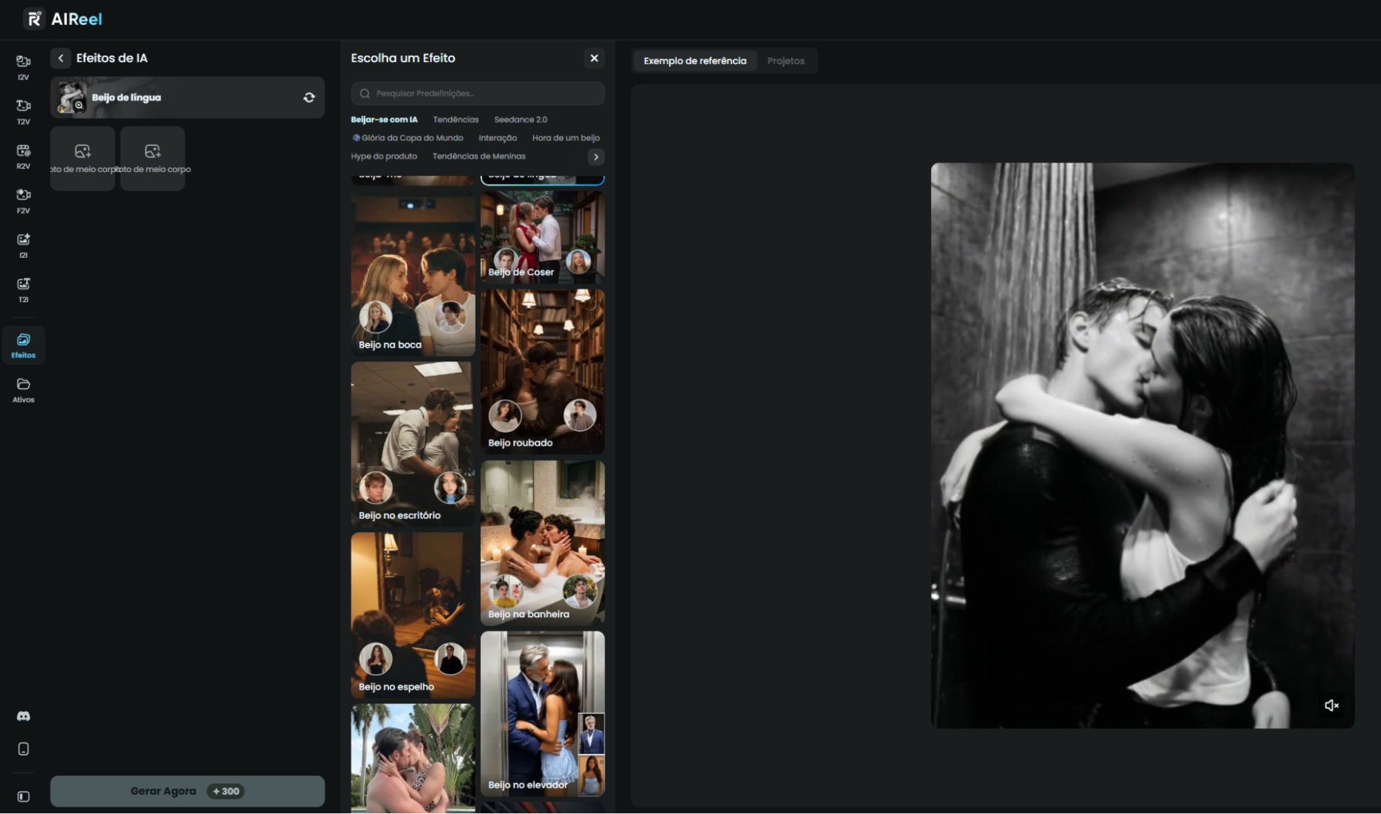 Dark app editing UI showing a romance effects panel with thumbnails on the left and a large black-and-white photo of a couple kissing in the rain on the right.
