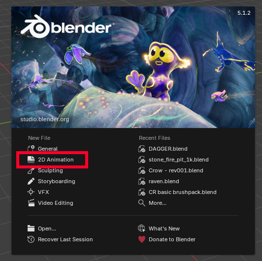 Blender start screen with a large art background and the left menu highlighting '2D Animation' in a red box, plus recent files on the right.