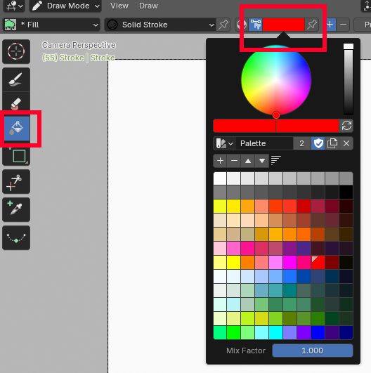 Screenshot of Blender UI: color picker panel open (HSV wheel and swatches) with the brush/tool selected and left toolbar icons visible.