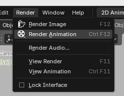 Blender Render menu open showing options: Render Image, Render Animation, Render Audio, View Render, View Animation, Lock Interface.