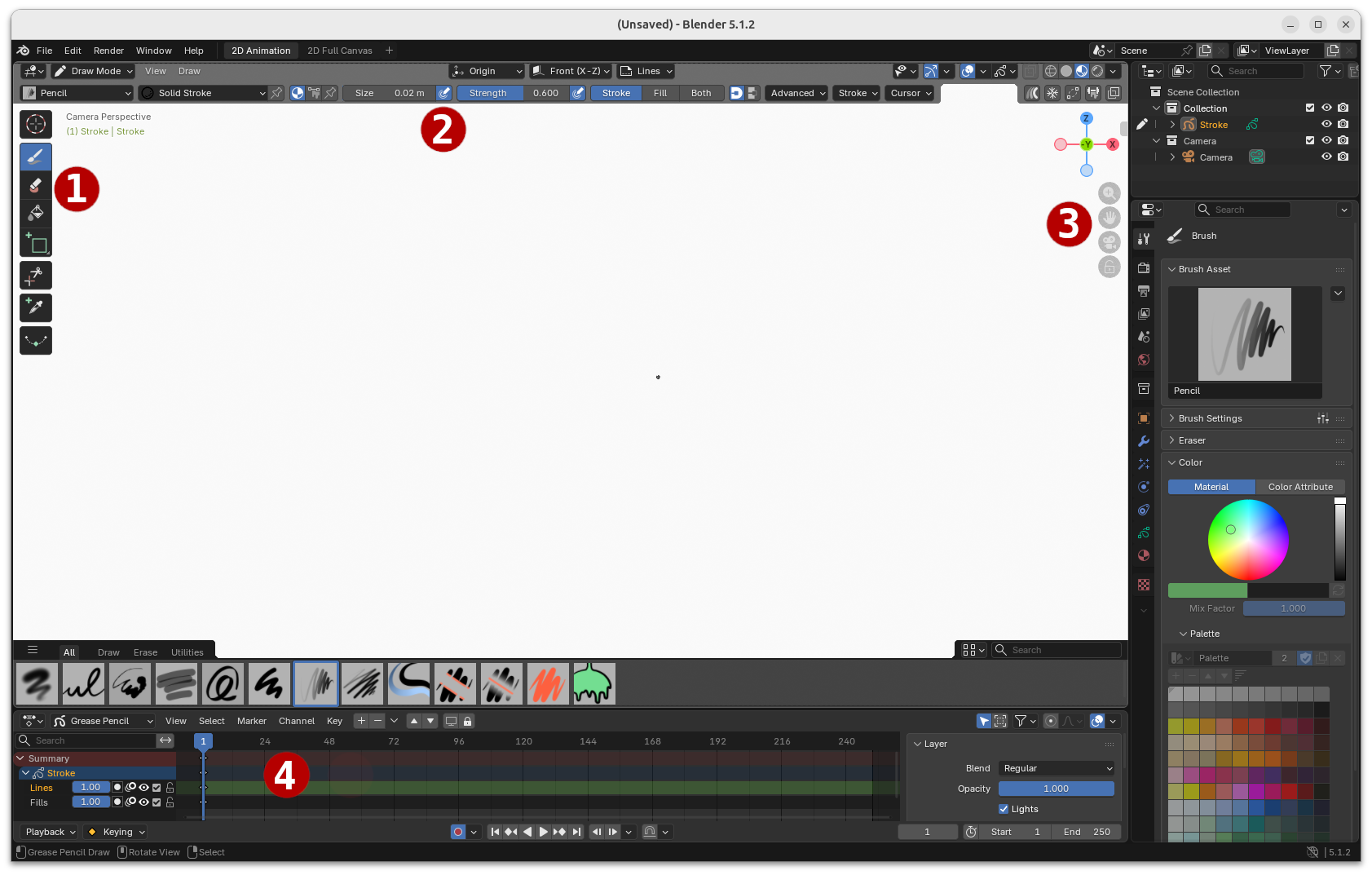 Blender interface in 2D animation mode: left tool panel, blank canvas center, bottom timeline, and right property panels visible.