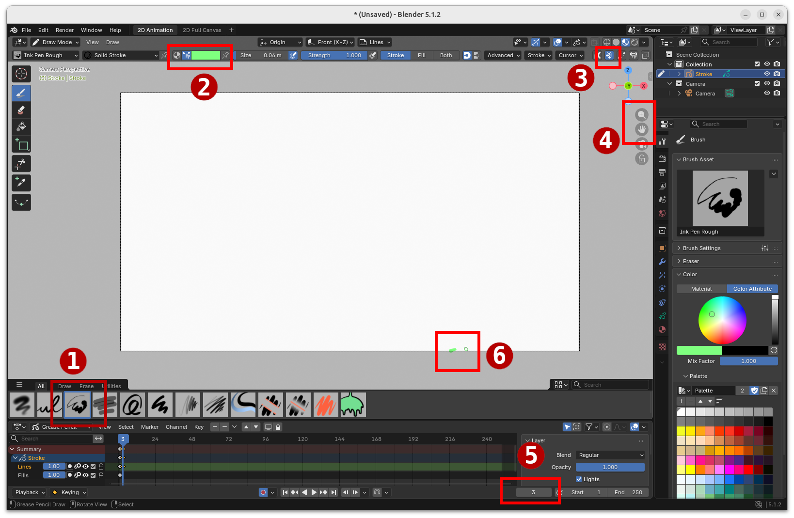 Blender 2D animation workspace with canvas in the center and toolbars along the top and sides.
