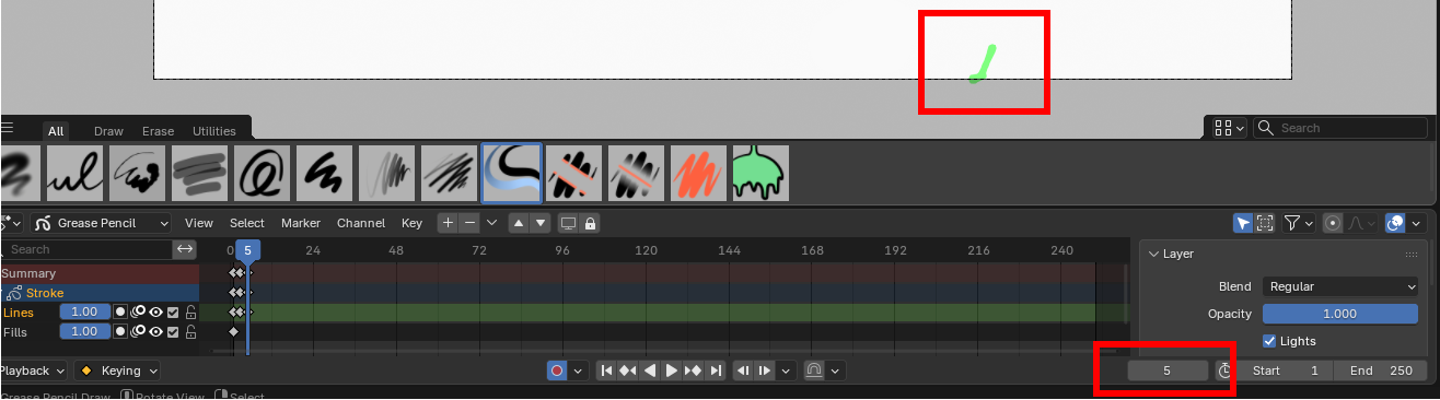 Blender Grease Pencil animation interface: white drawing canvas with a small green stroke, timeline with keyframes, and the frame numbered 5 highlighted in the lower-right.
