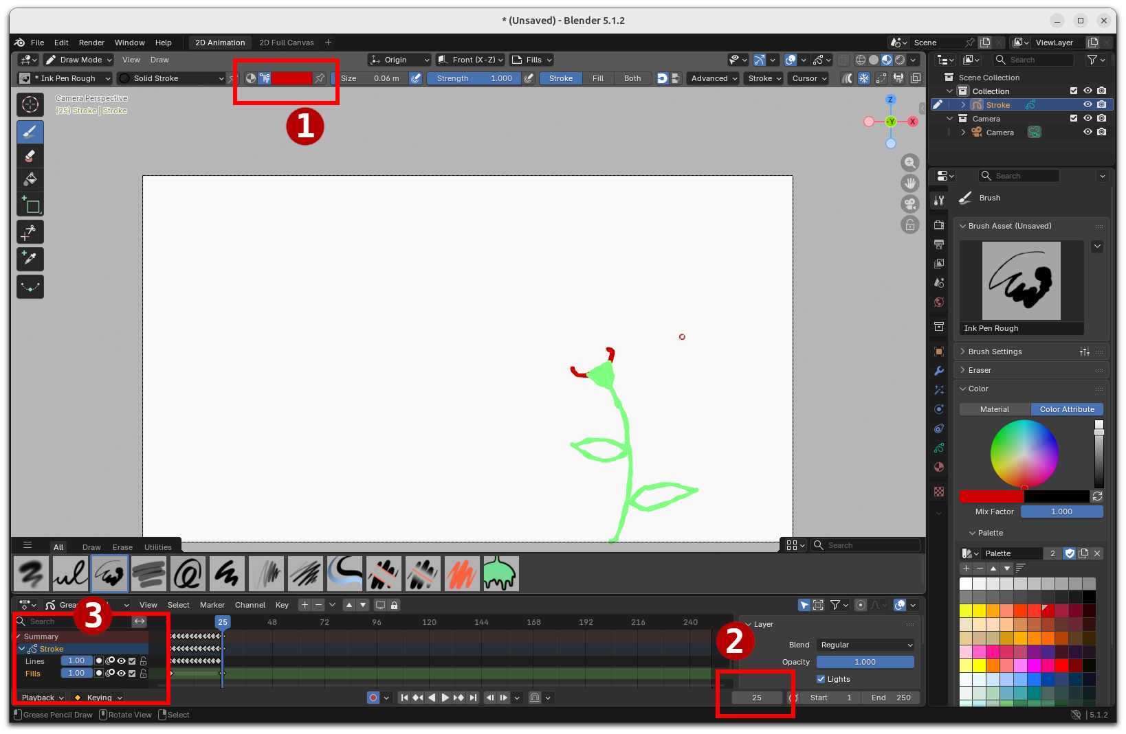 Blender UI: brush color and stroke tools highlighted at top, major panels open on right and bottom.