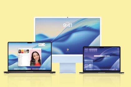 Apple product lineup: a large iMac centered with two MacBook laptops on a yellow background.
