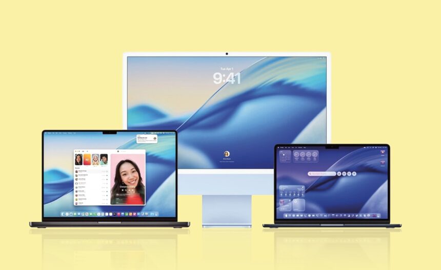 Apple product lineup: a large iMac centered with two MacBook laptops on a yellow background.
