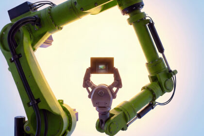 Green industrial robotic arm with a claw-like end effector, forming a circular frame against a bright sky