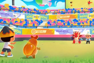 Three children on a sunny field face a red dragon and a small orange creature, with a colorful stadium crowd behind them.