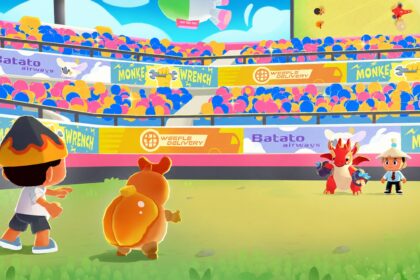 Three children on a sunny field face a red dragon and a small orange creature, with a colorful stadium crowd behind them.