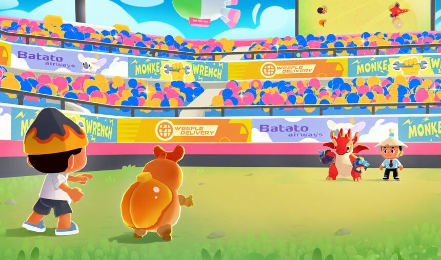 Three children on a sunny field face a red dragon and a small orange creature, with a colorful stadium crowd behind them.